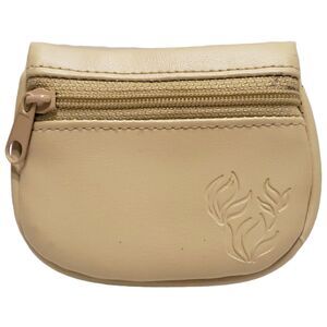 Vintage Retro Coin Purse with Leaves Engraved Zipper Closure Tan Vinyl 4 1/4"